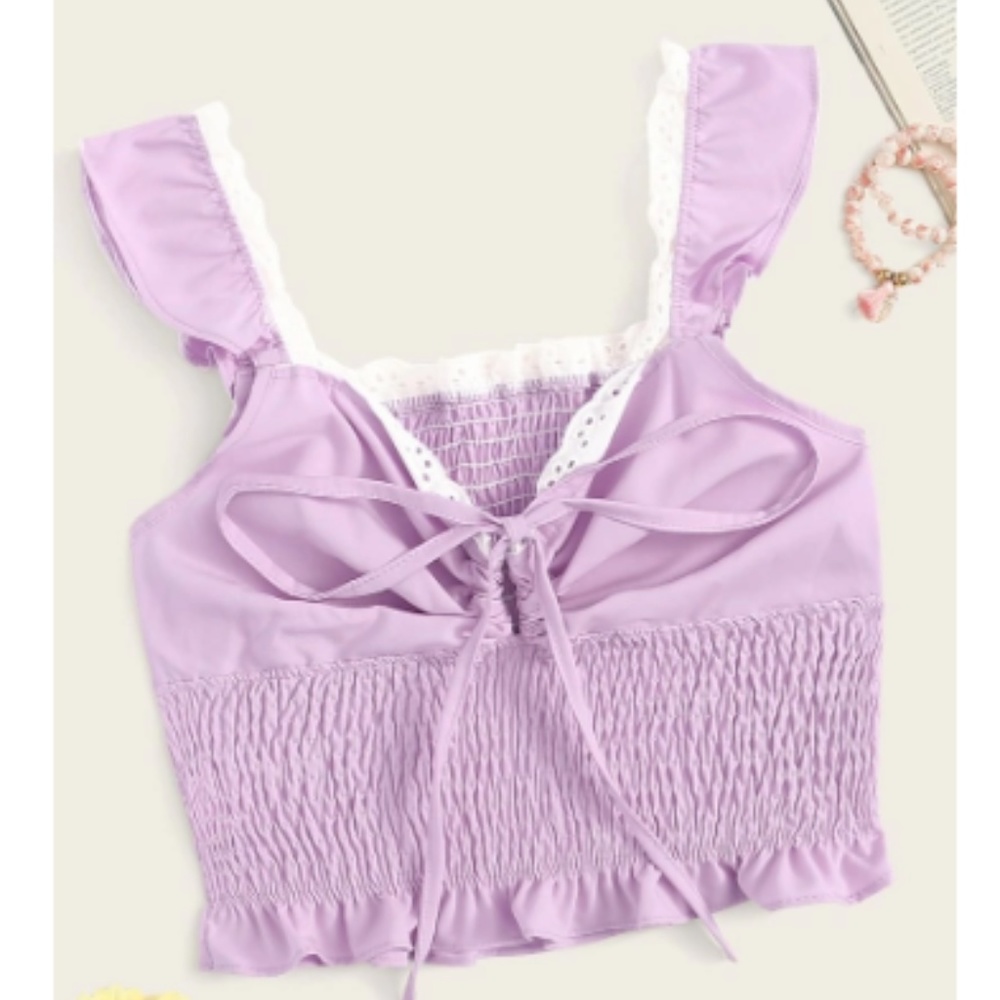 Medium Lavender Tie Neck Shirred Cami Top